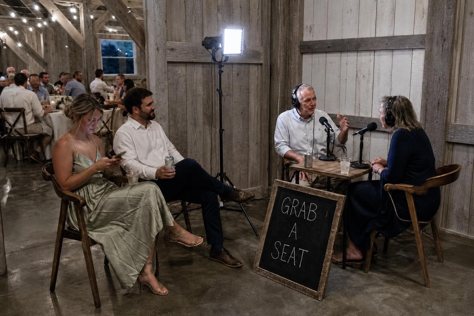 Our podcast studio at a barn reception: a guest interviewed at a two-mic table under a studio light while others wait their turn beside a Grab a Seat chalkboard