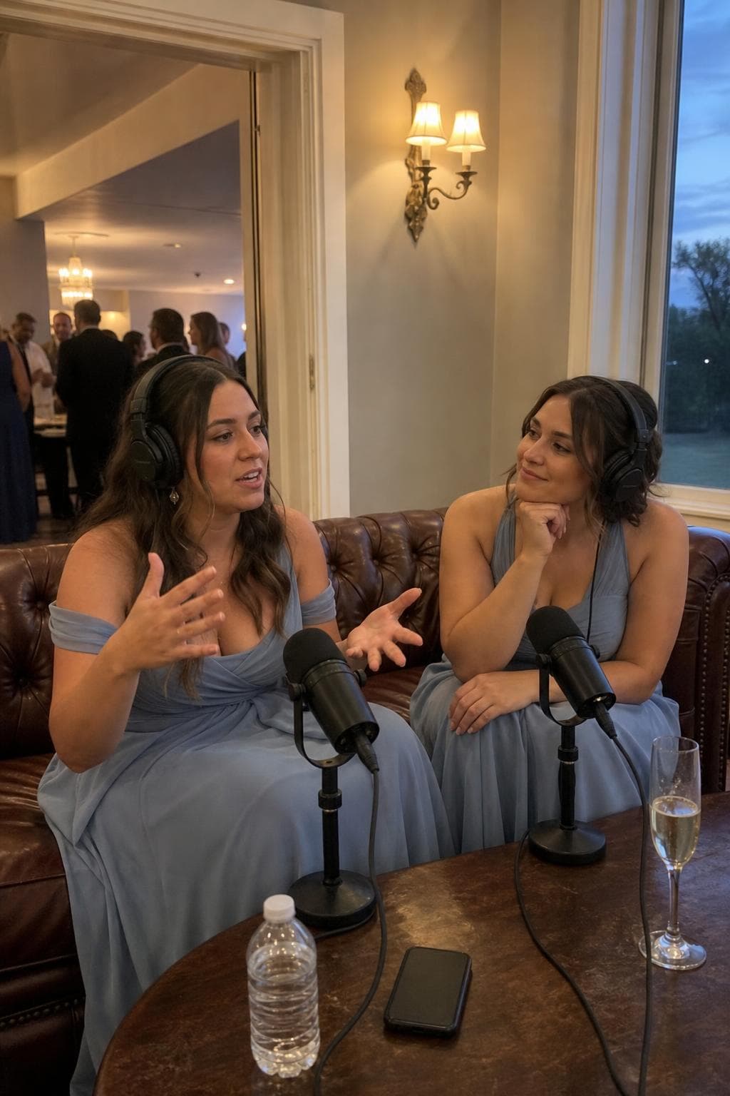 Two bridesmaids in blue dresses telling a story on a leather sofa at our podcast setup