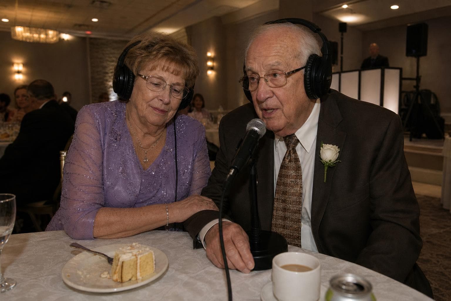 A grandfather in headphones telling a story at the microphone beside his wife, wedding cake and coffee on the reception table