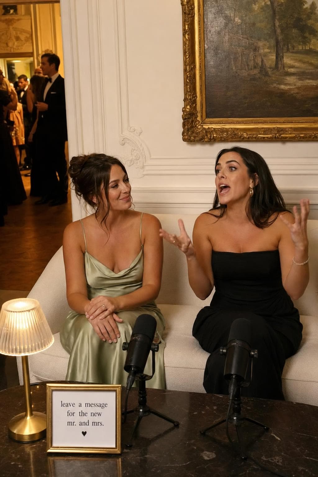 Two guests on a sofa in an elegant salon, one mid-story, beside a small sign for the newlyweds