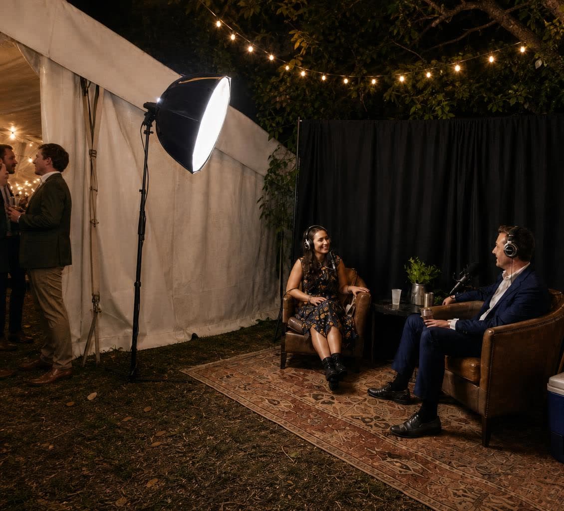 Our studio at night under string lights: a host interviewing a guest in leather armchairs on a rug, lit by a softbox